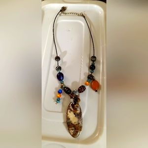 Homemade Wire wrap Indian blanket Jasper stone with beads  on leather cord